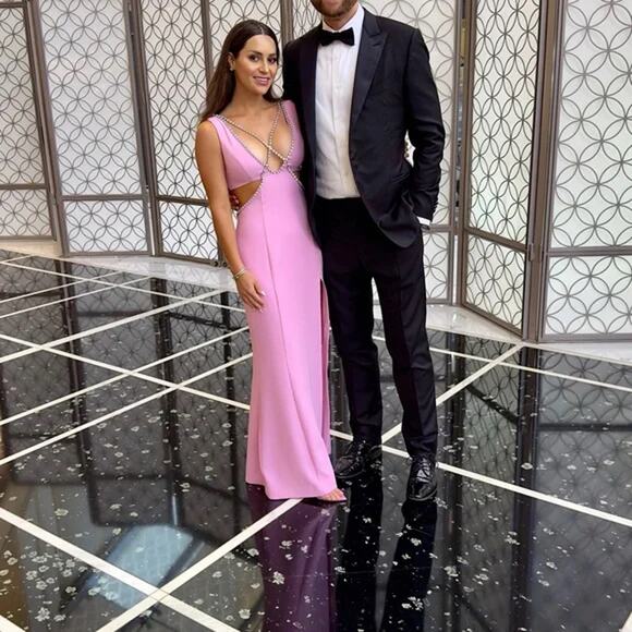 Majorelle Matteson Gown Pink‎ Crystal Strap Cutout Waist Plunge Sleeveless Sz S - Picture 5 of 15